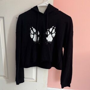 Black Cropped Hoodie with White Paw Print Design